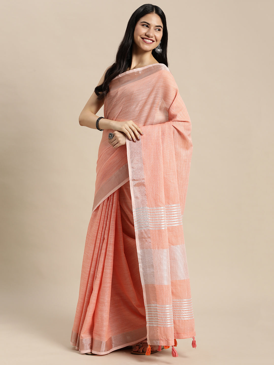 Shree Shyam Fashion Elegant Peach Woven Linen Saree with Contrast Zari Border & Tassels - Soft & Breathable Party Wear | Grocsy