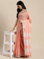 Shree Shyam Fashion Elegant Peach Woven Linen Saree with Contrast Zari Border & Tassels - Soft & Breathable Party Wear | Grocsy