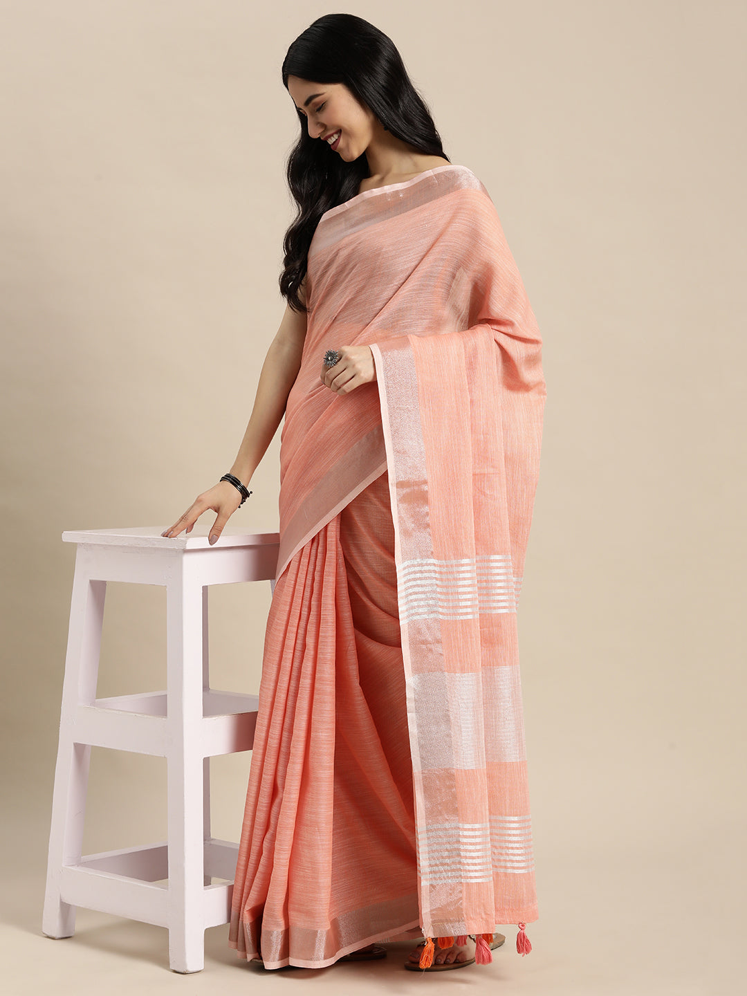 Shree Shyam Fashion Elegant Peach Woven Linen Saree with Contrast Zari Border & Tassels - Soft & Breathable Party Wear | Grocsy