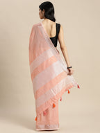 Shree Shyam Fashion Elegant Peach Woven Linen Saree with Contrast Zari Border & Tassels - Soft & Breathable Party Wear | Grocsy