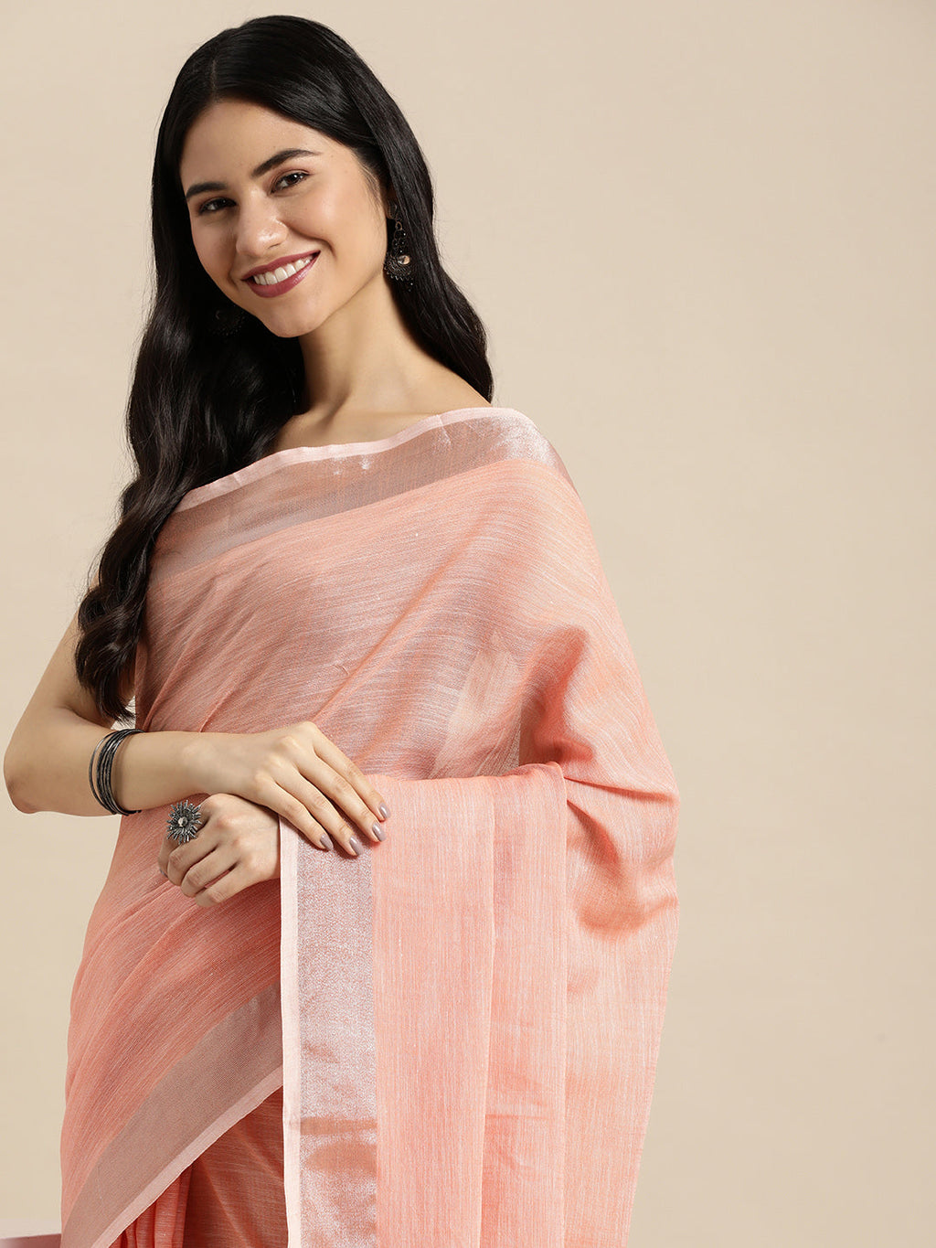 Shree Shyam Fashion Elegant Peach Woven Linen Saree with Contrast Zari Border & Tassels - Soft & Breathable Party Wear | Grocsy