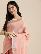 Shree Shyam Fashion Elegant Peach Woven Linen Saree with Contrast Zari Border & Tassels - Soft & Breathable Party Wear | Grocsy