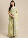 Shree Shyam Fashion Elegant Mehndi Woven Linen Saree with Contrast Zari Border & Tassels - Soft & Breathable Party Wear | Grocsy