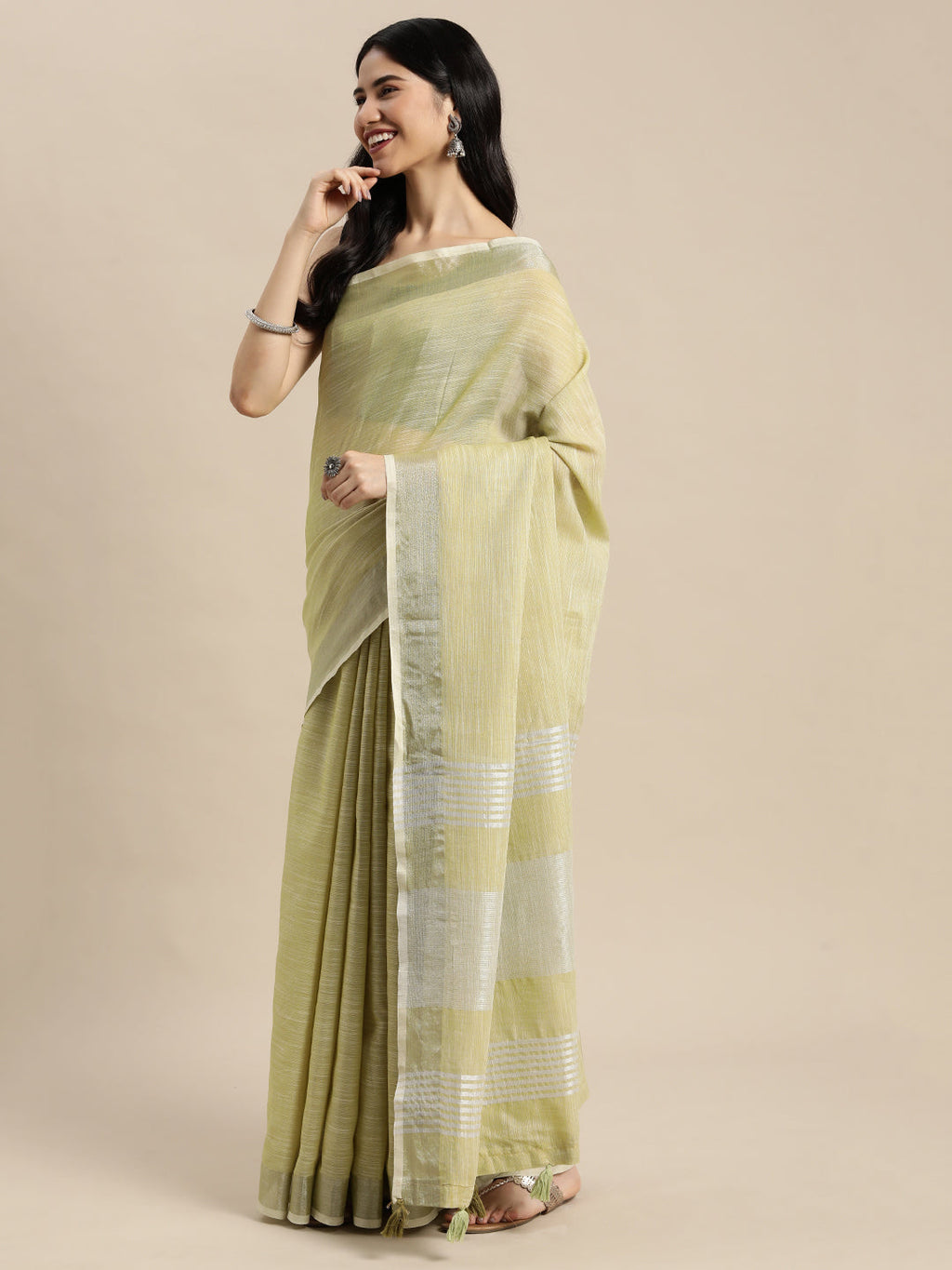 Shree Shyam Fashion Elegant Mehndi Woven Linen Saree with Contrast Zari Border & Tassels - Soft & Breathable Party Wear | Grocsy
