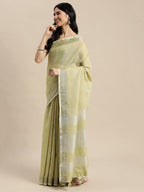 Shree Shyam Fashion Elegant Mehndi Woven Linen Saree with Contrast Zari Border & Tassels - Soft & Breathable Party Wear | Grocsy