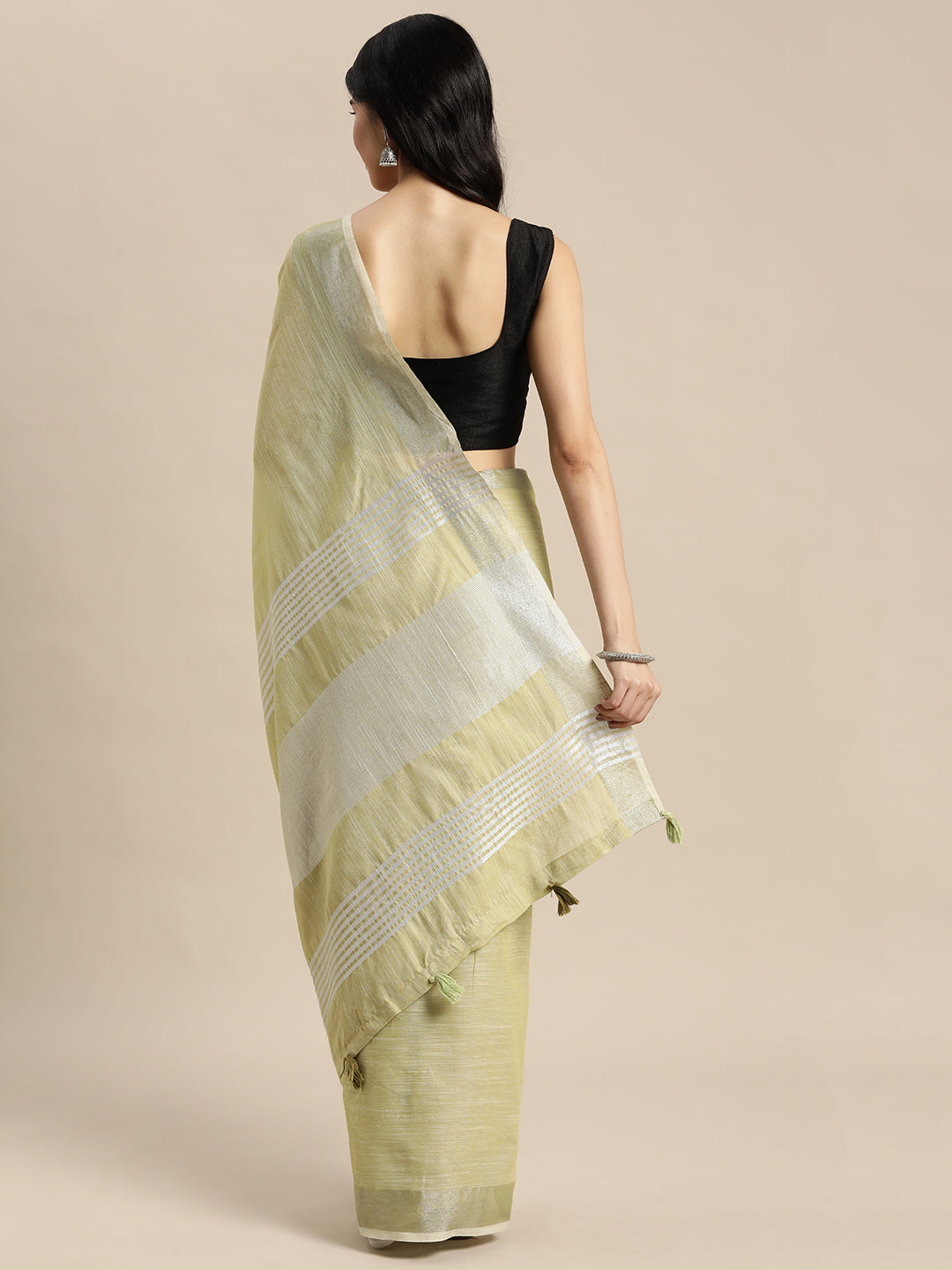 Shree Shyam Fashion Elegant Mehndi Woven Linen Saree with Contrast Zari Border & Tassels - Soft & Breathable Party Wear | Grocsy