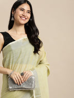 Shree Shyam Fashion Elegant Mehndi Woven Linen Saree with Contrast Zari Border & Tassels - Soft & Breathable Party Wear | Grocsy
