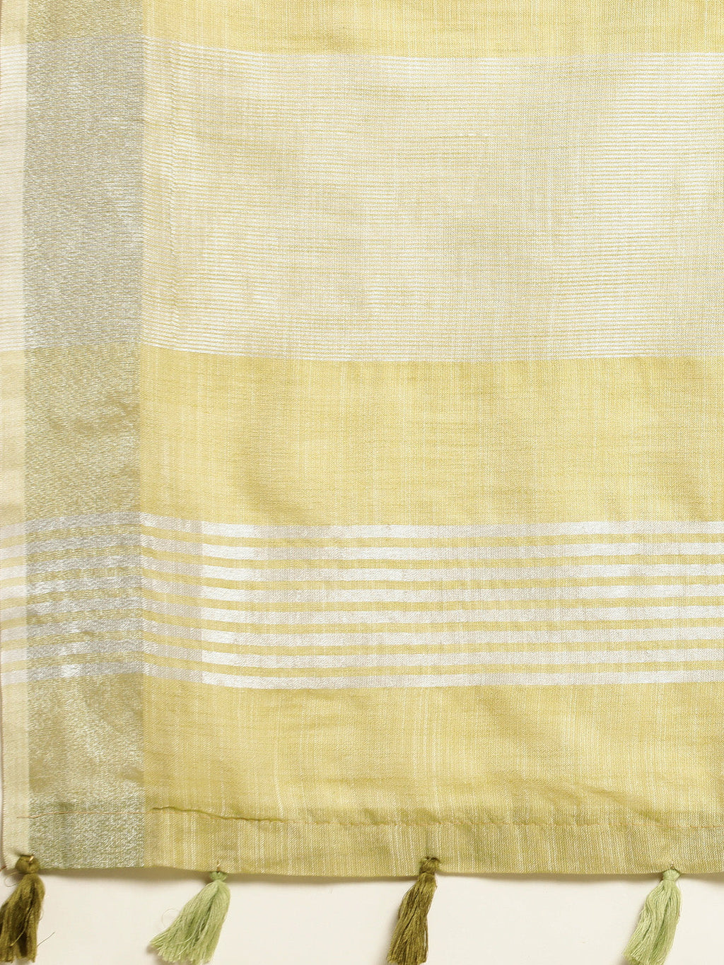 Shree Shyam Fashion Elegant Mehndi Woven Linen Saree with Contrast Zari Border & Tassels - Soft & Breathable Party Wear | Grocsy