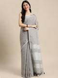 Shree Shyam Fashion Elegant Grey Woven Linen Saree with Contrast Zari Border & Tassels - Soft & Breathable Party Wear | Grocsy