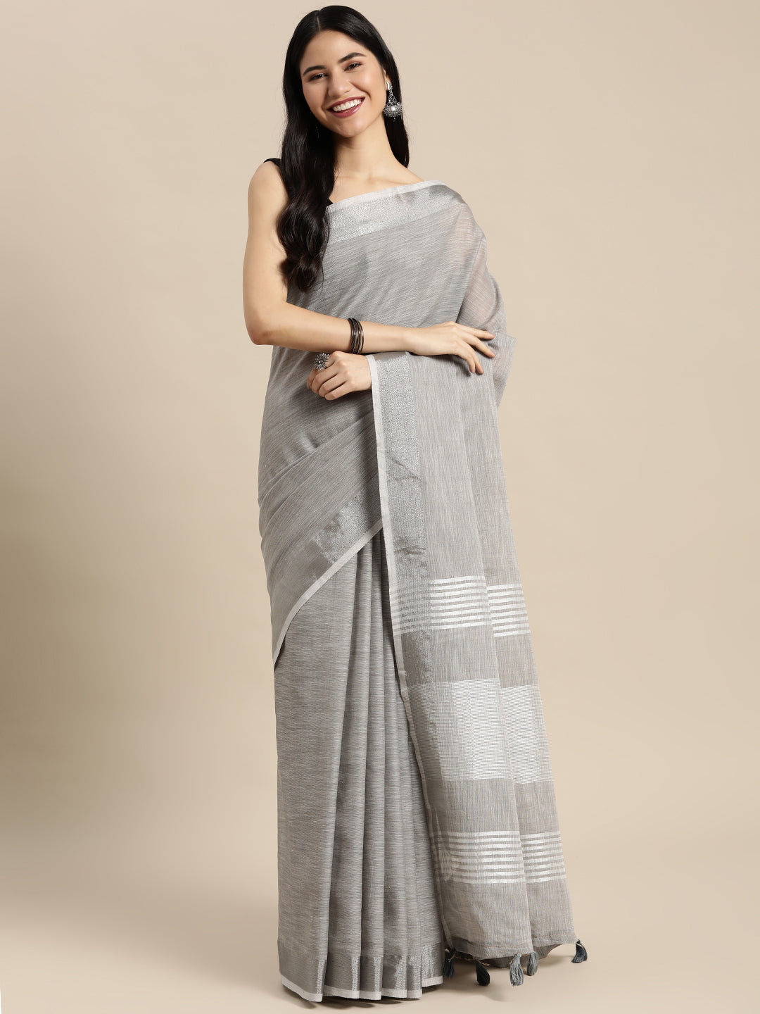 Shree Shyam Fashion Elegant Grey Woven Linen Saree with Contrast Zari Border & Tassels - Soft & Breathable Party Wear | Grocsy