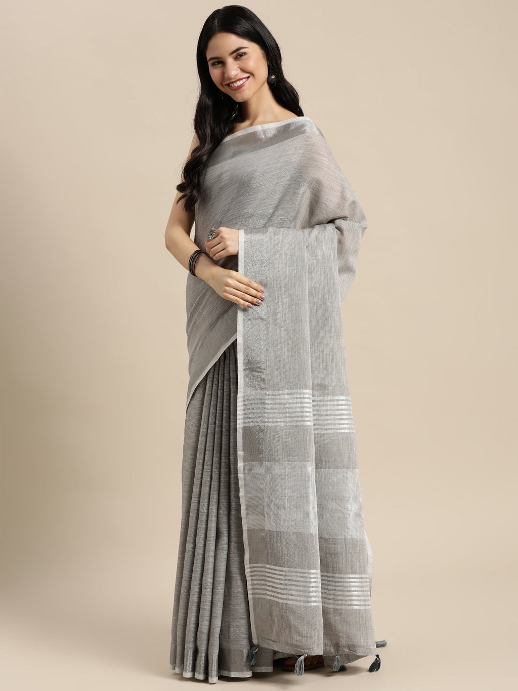 Shree Shyam Fashion Elegant Grey Woven Linen Saree with Contrast Zari Border & Tassels - Soft & Breathable Party Wear | Grocsy