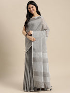 Shree Shyam Fashion Elegant Grey Woven Linen Saree with Contrast Zari Border & Tassels - Soft & Breathable Party Wear | Grocsy
