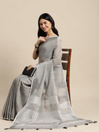 Shree Shyam Fashion Elegant Grey Woven Linen Saree with Contrast Zari Border & Tassels - Soft & Breathable Party Wear | Grocsy