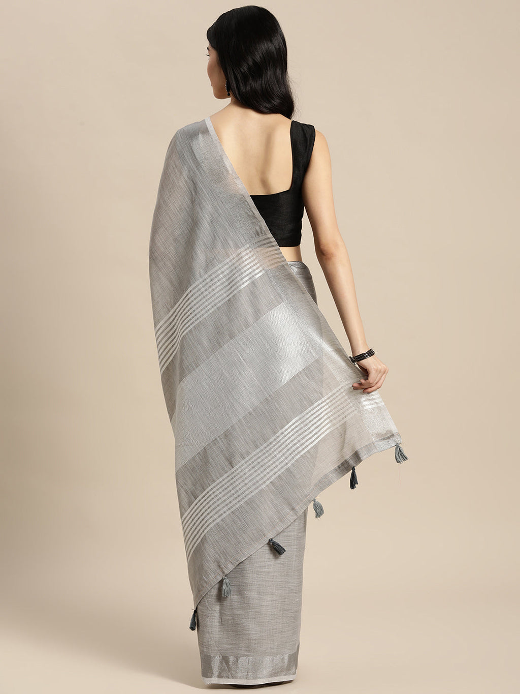 Shree Shyam Fashion Elegant Grey Woven Linen Saree with Contrast Zari Border & Tassels - Soft & Breathable Party Wear | Grocsy