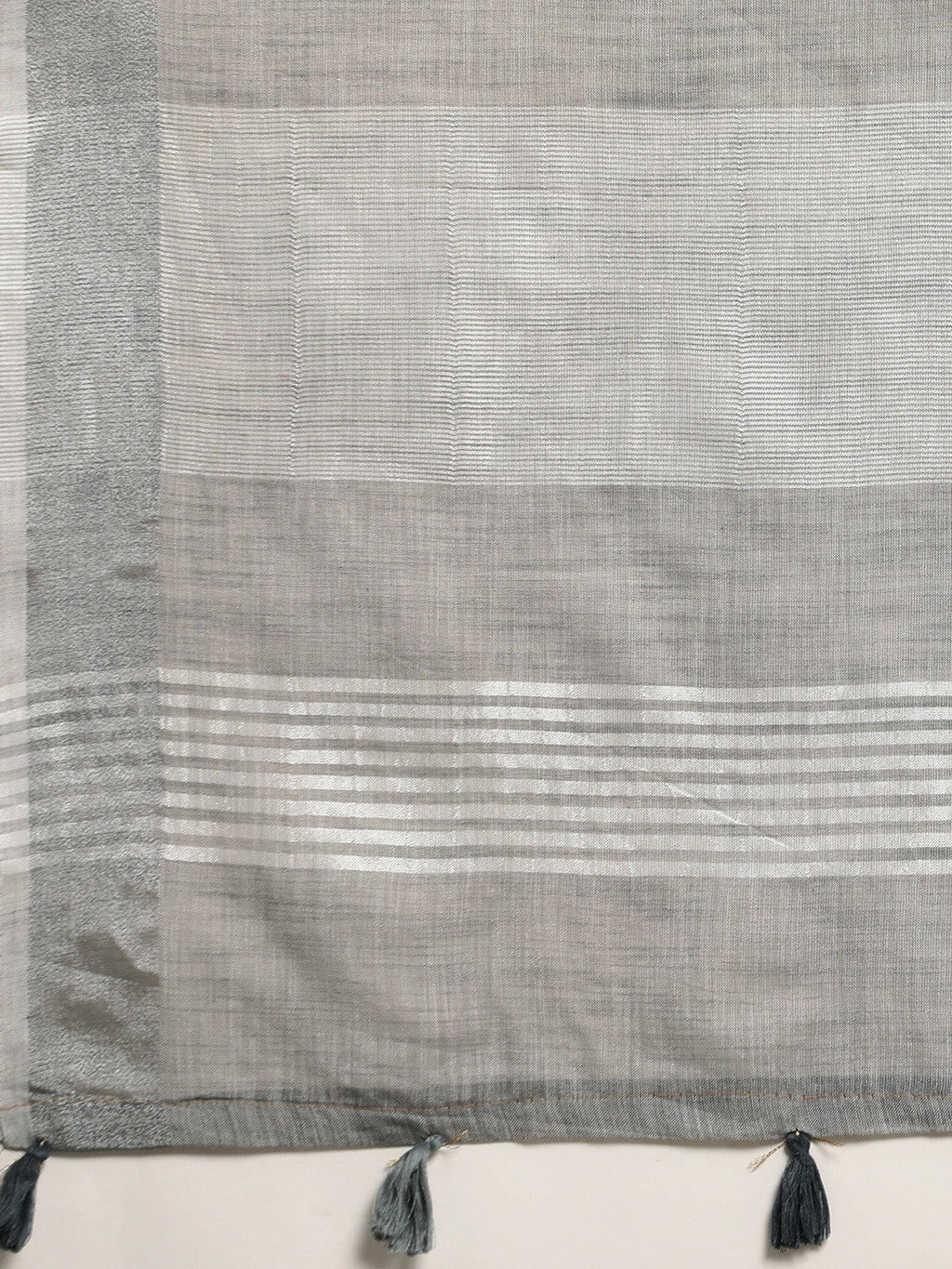 Shree Shyam Fashion Elegant Grey Woven Linen Saree with Contrast Zari Border & Tassels - Soft & Breathable Party Wear | Grocsy