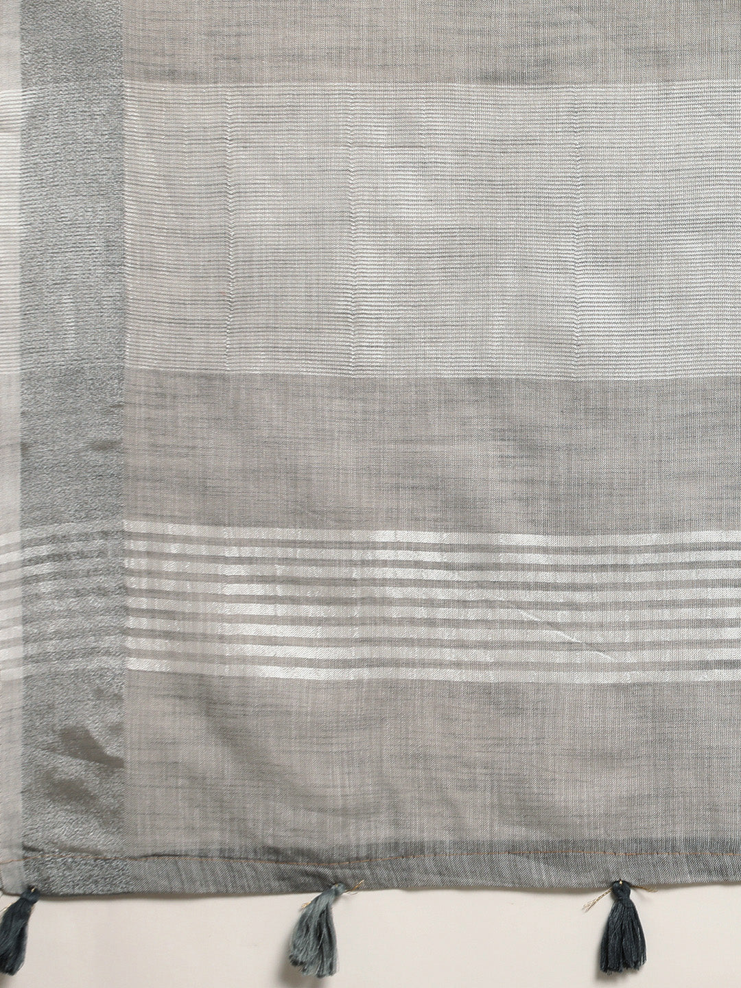 Shree Shyam Fashion Elegant Grey Woven Linen Saree with Contrast Zari Border & Tassels - Soft & Breathable Party Wear | Grocsy