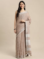 Shree Shyam Fashion Elegant Brown Woven Linen Saree with Contrast Zari Border & Tassels - Soft & Breathable Party Wear | Grocsy