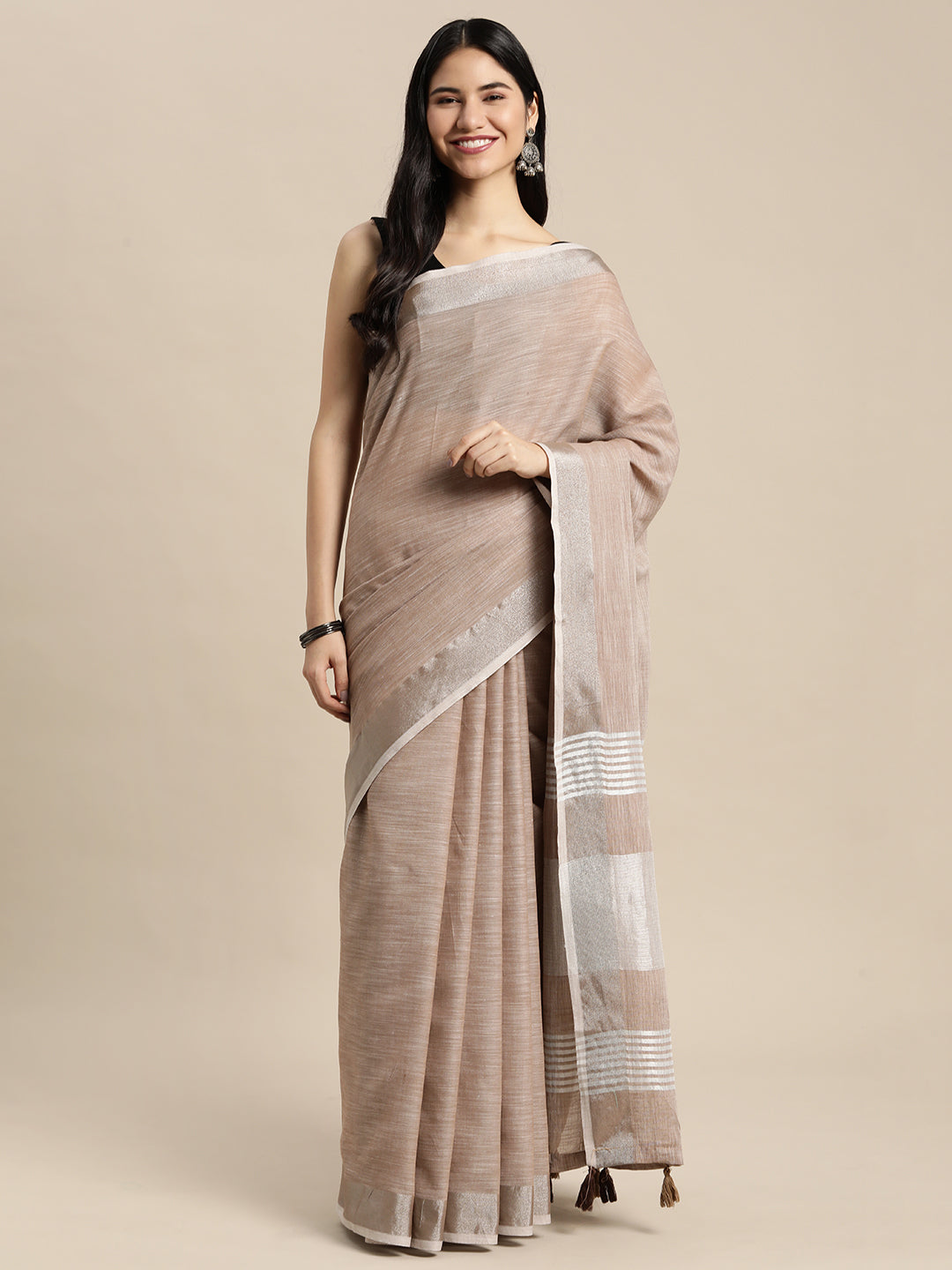 Shree Shyam Fashion Elegant Brown Woven Linen Saree with Contrast Zari Border & Tassels - Soft & Breathable Party Wear | Grocsy