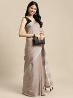 Shree Shyam Fashion Elegant Brown Woven Linen Saree with Contrast Zari Border & Tassels - Soft & Breathable Party Wear | Grocsy