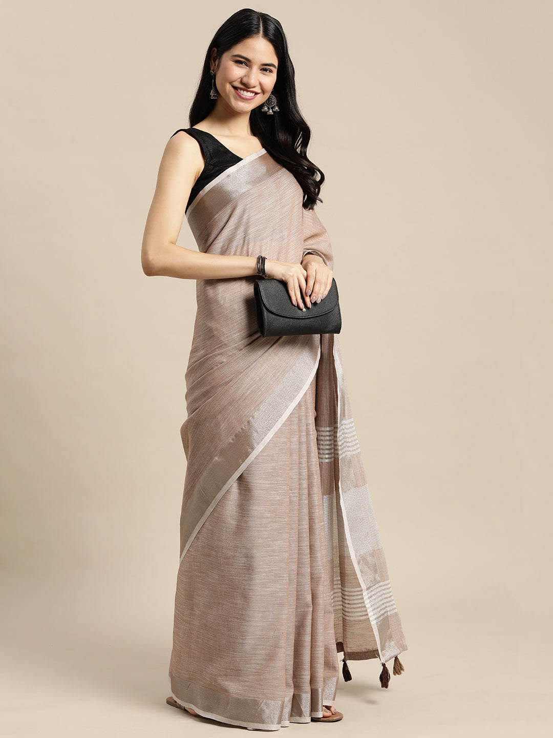 Shree Shyam Fashion Elegant Brown Woven Linen Saree with Contrast Zari Border & Tassels - Soft & Breathable Party Wear | Grocsy