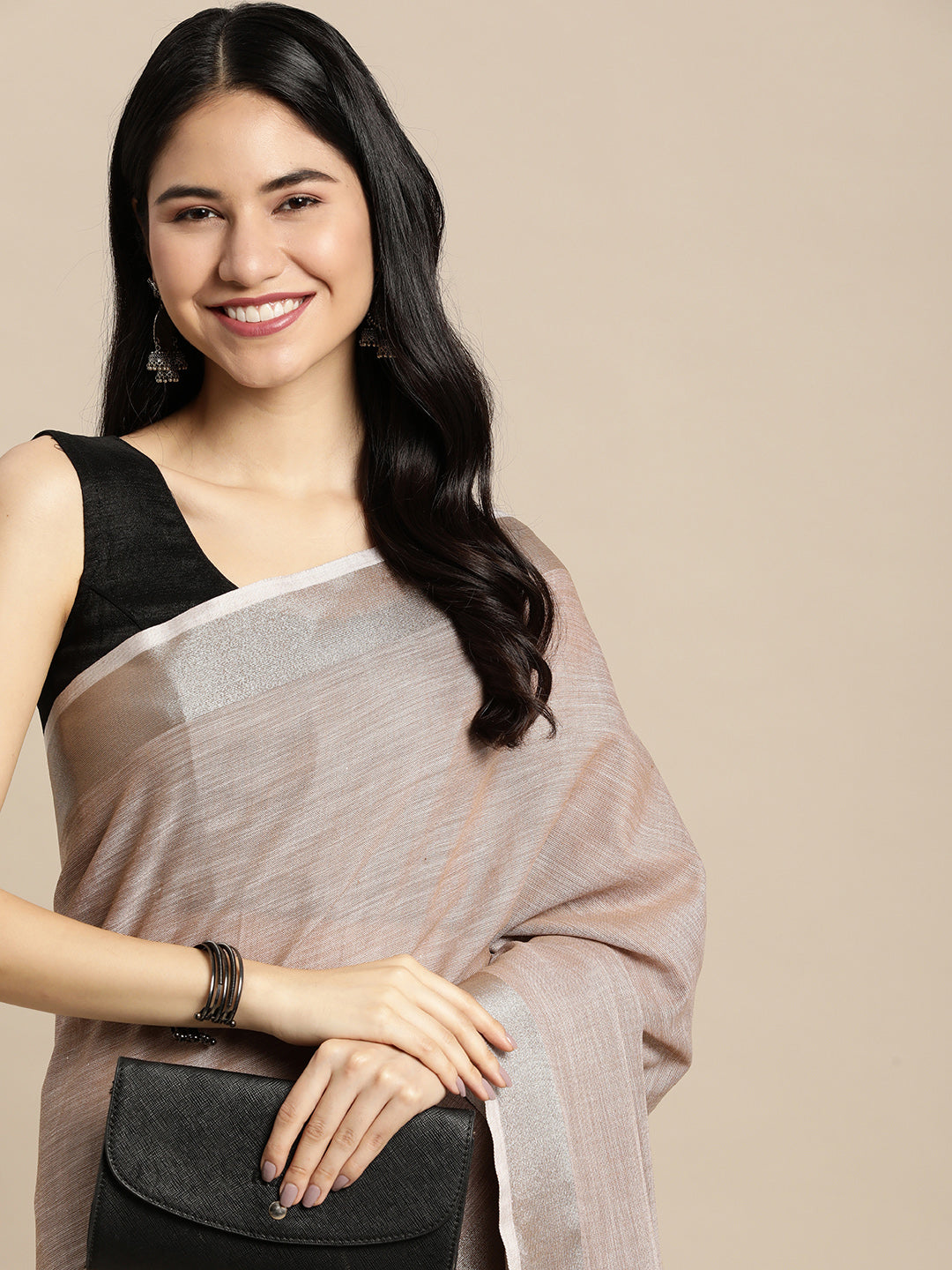 Shree Shyam Fashion Elegant Brown Woven Linen Saree with Contrast Zari Border & Tassels - Soft & Breathable Party Wear | Grocsy