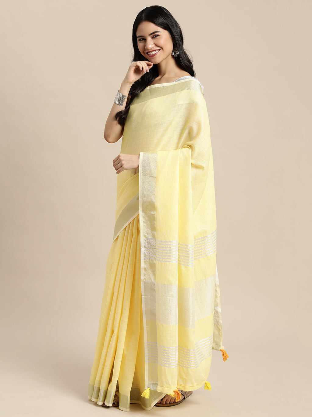 Shree Shyam Fashion Elegant Yellow Woven Linen Saree with Contrast Zari Border & Tassels - Soft & Breathable Party Wear | Grocsy