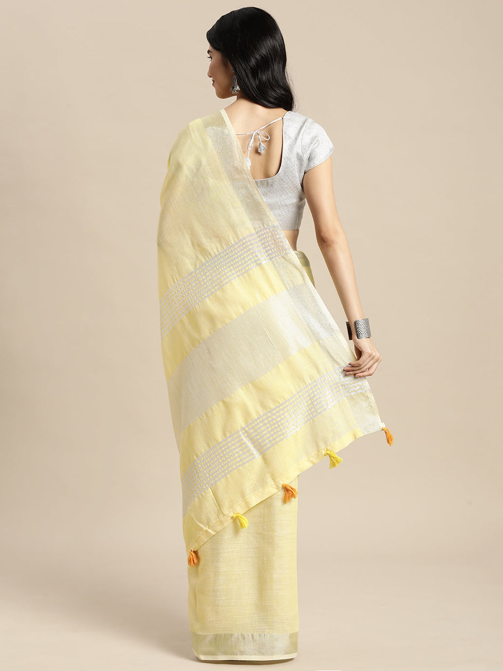 Shree Shyam Fashion Elegant Yellow Woven Linen Saree with Contrast Zari Border & Tassels - Soft & Breathable Party Wear | Grocsy