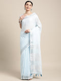 Shree Shyam Fashion Elegant Sky Blue Woven Linen Saree with Contrast Zari Border & Tassels - Soft & Breathable Party Wear | Grocsy
