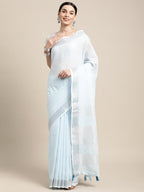 Shree Shyam Fashion Elegant Sky Blue Woven Linen Saree with Contrast Zari Border & Tassels - Soft & Breathable Party Wear | Grocsy
