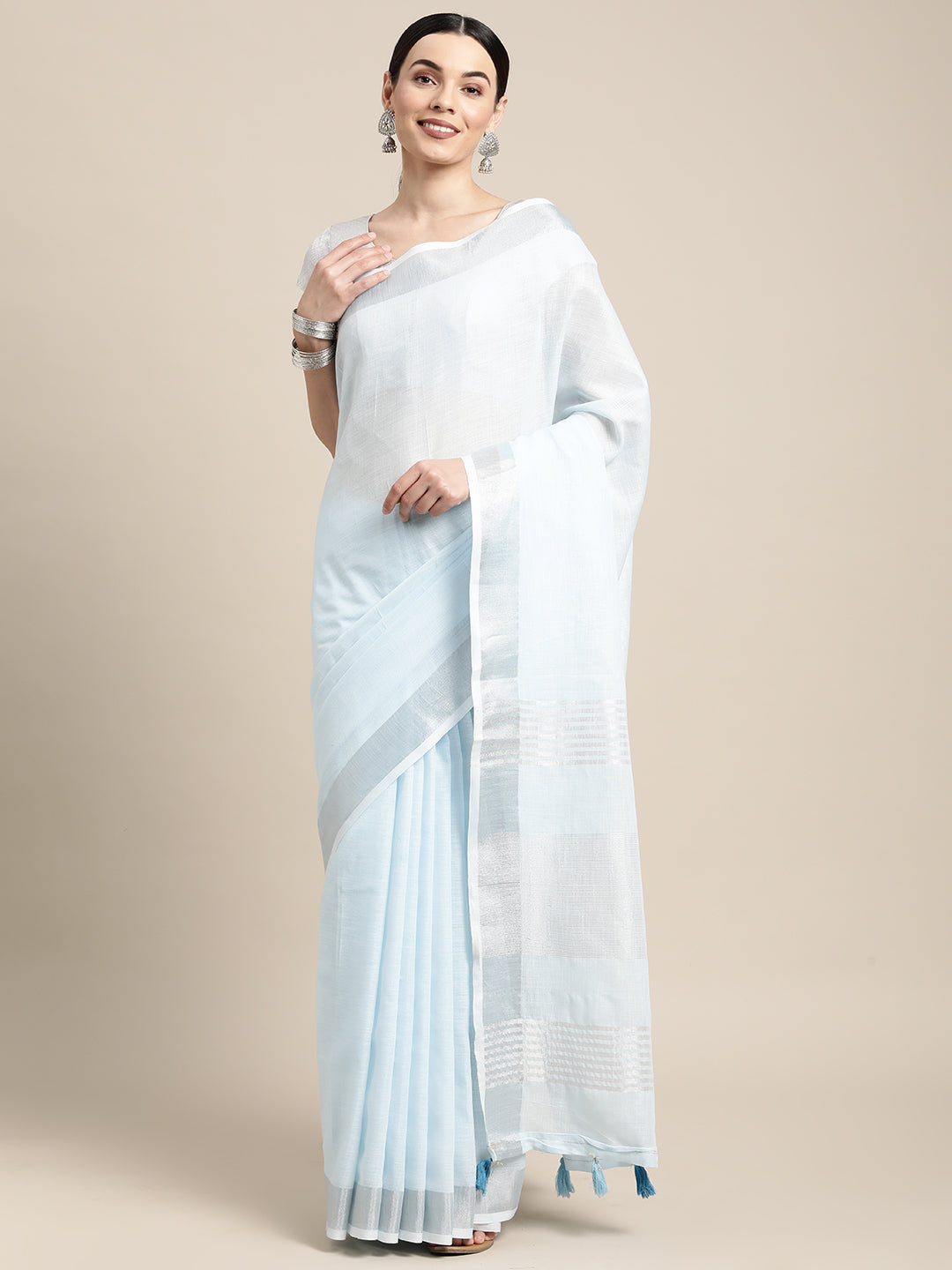 Shree Shyam Fashion Elegant Sky Blue Woven Linen Saree with Contrast Zari Border & Tassels - Soft & Breathable Party Wear | Grocsy