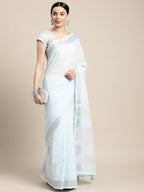 Shree Shyam Fashion Elegant Sky Blue Woven Linen Saree with Contrast Zari Border & Tassels - Soft & Breathable Party Wear | Grocsy