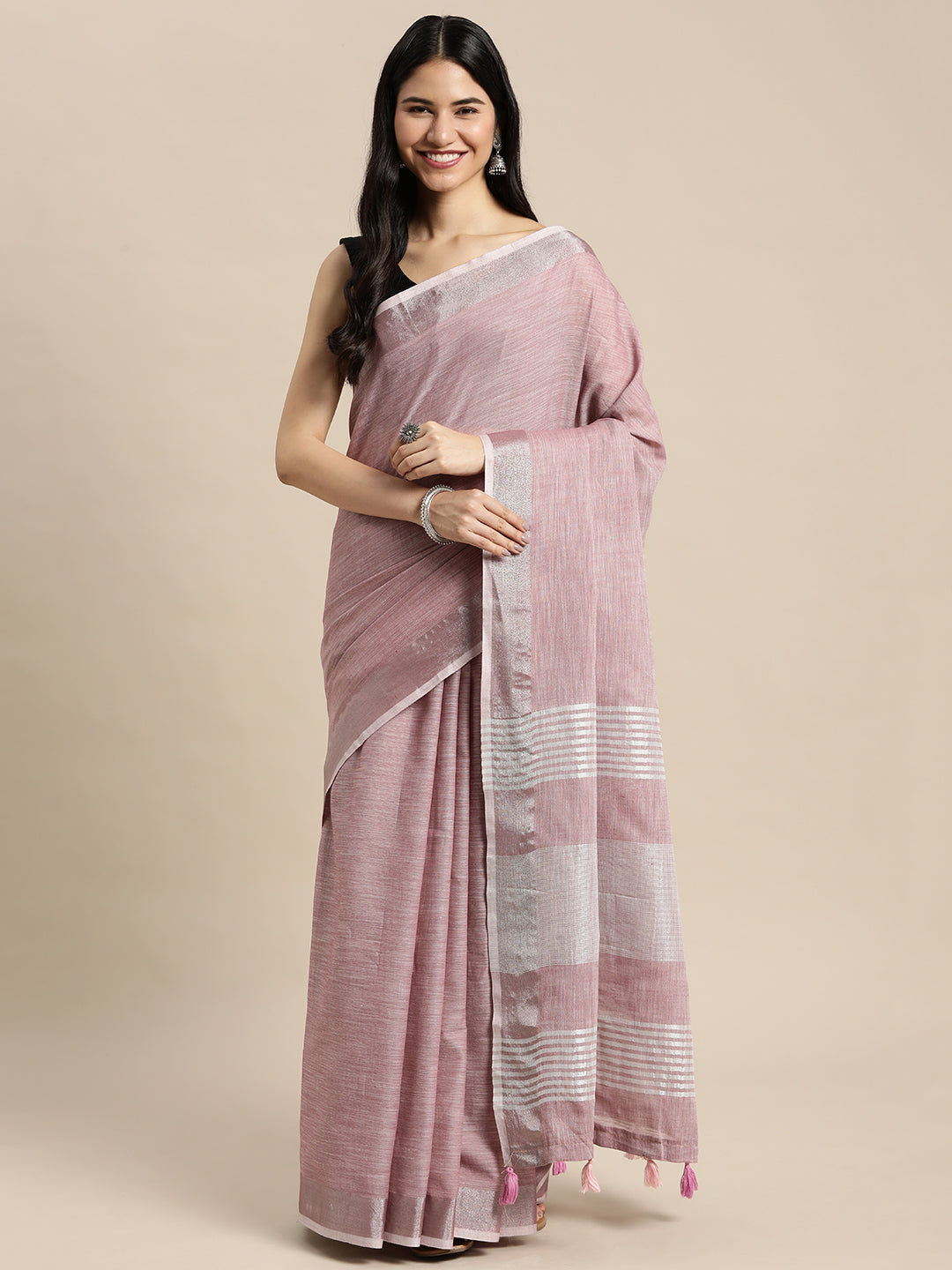 Shree Shyam Fashion Elegant Mauve Woven Linen Saree with Contrast Zari Border & Tassels - Soft & Breathable Party Wear | Grocsy
