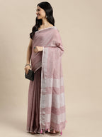 Shree Shyam Fashion Elegant Mauve Woven Linen Saree with Contrast Zari Border & Tassels - Soft & Breathable Party Wear | Grocsy
