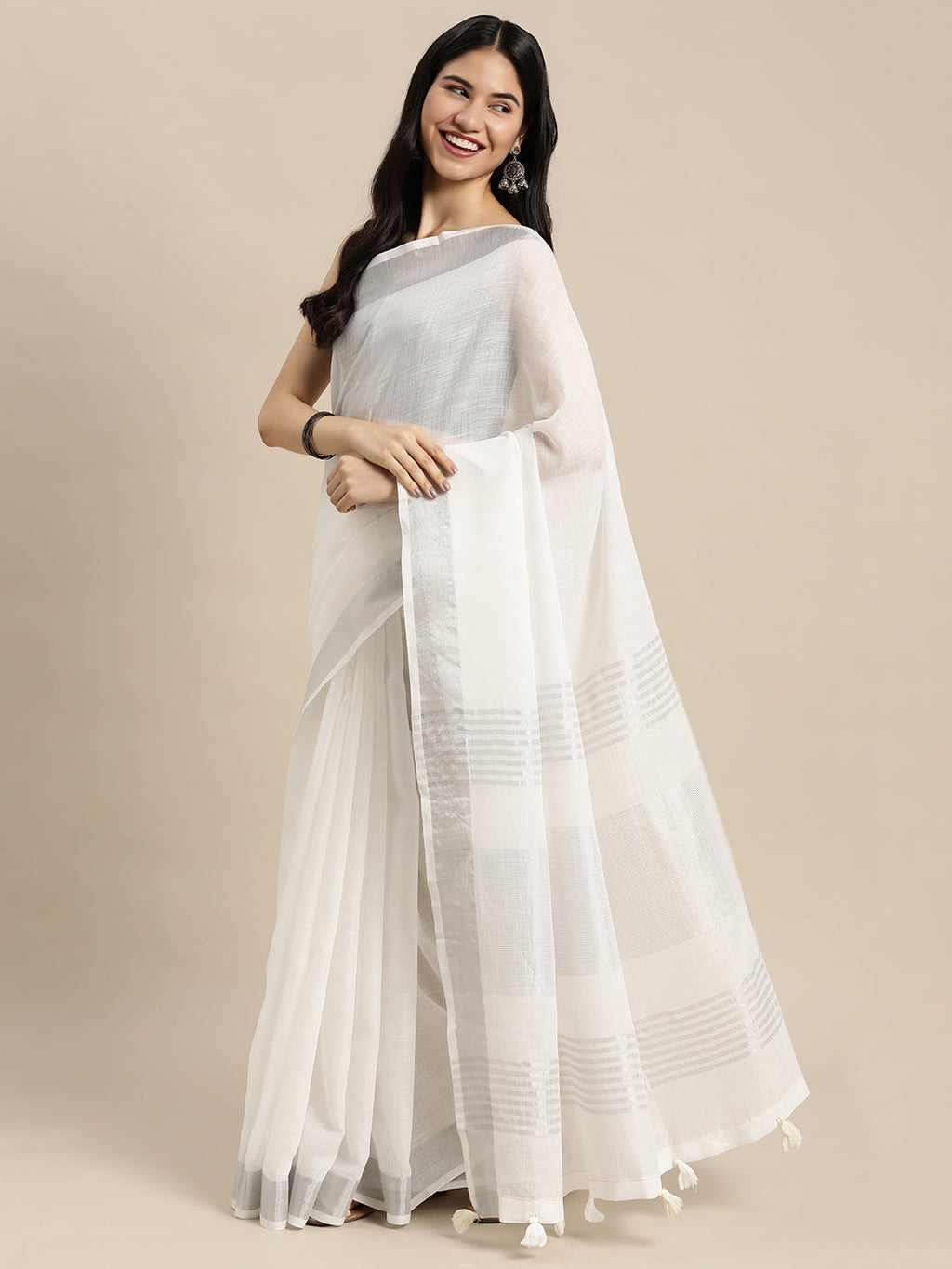 Shree Shyam Fashion Elegant White Woven Linen Saree with Contrast Zari Border & Tassels - Soft & Breathable Party Wear | Grocsy