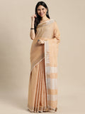 Shree Shyam Fashion Elegant Tan Woven Linen Saree with Contrast Zari Border & Tassels - Soft & Breathable Party Wear | Grocsy