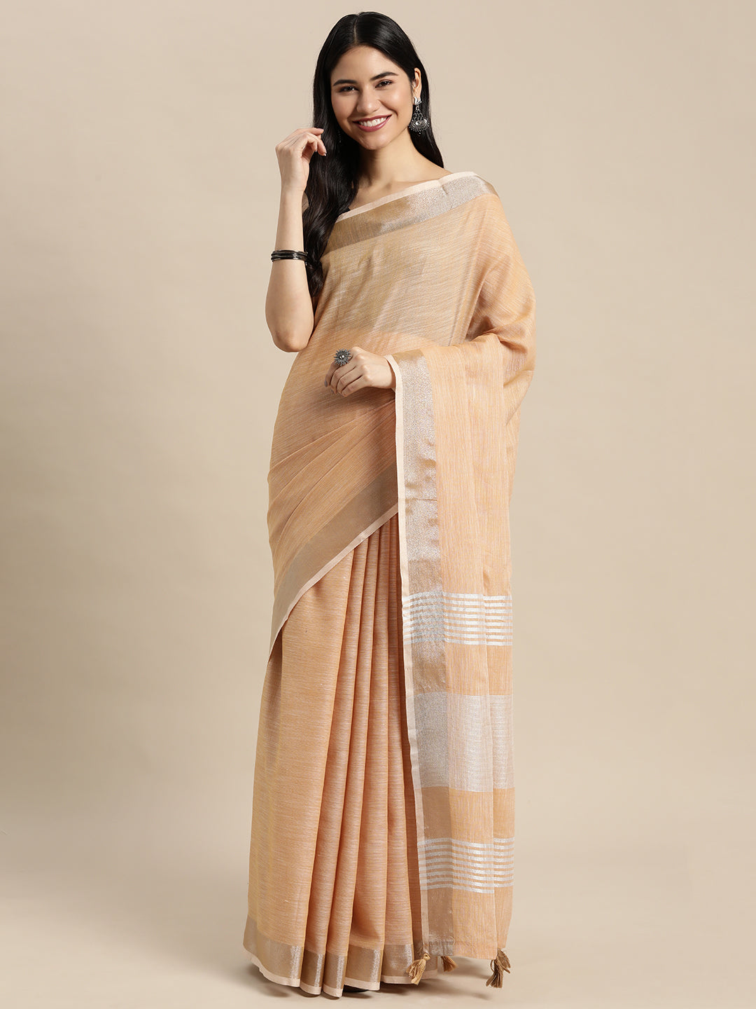 Shree Shyam Fashion Elegant Tan Woven Linen Saree with Contrast Zari Border & Tassels - Soft & Breathable Party Wear | Grocsy