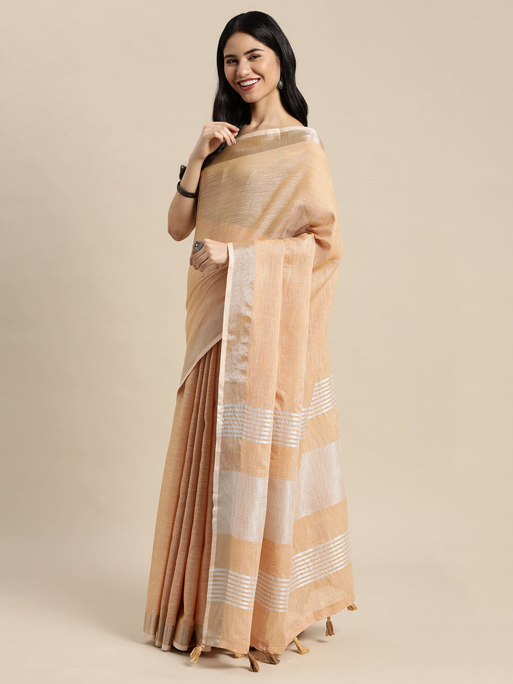 Shree Shyam Fashion Elegant Tan Woven Linen Saree with Contrast Zari Border & Tassels - Soft & Breathable Party Wear | Grocsy