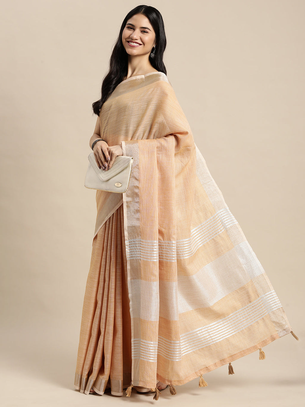 Shree Shyam Fashion Elegant Tan Woven Linen Saree with Contrast Zari Border & Tassels - Soft & Breathable Party Wear | Grocsy