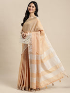 Shree Shyam Fashion Elegant Tan Woven Linen Saree with Contrast Zari Border & Tassels - Soft & Breathable Party Wear | Grocsy