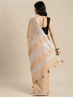 Shree Shyam Fashion Elegant Tan Woven Linen Saree with Contrast Zari Border & Tassels - Soft & Breathable Party Wear | Grocsy