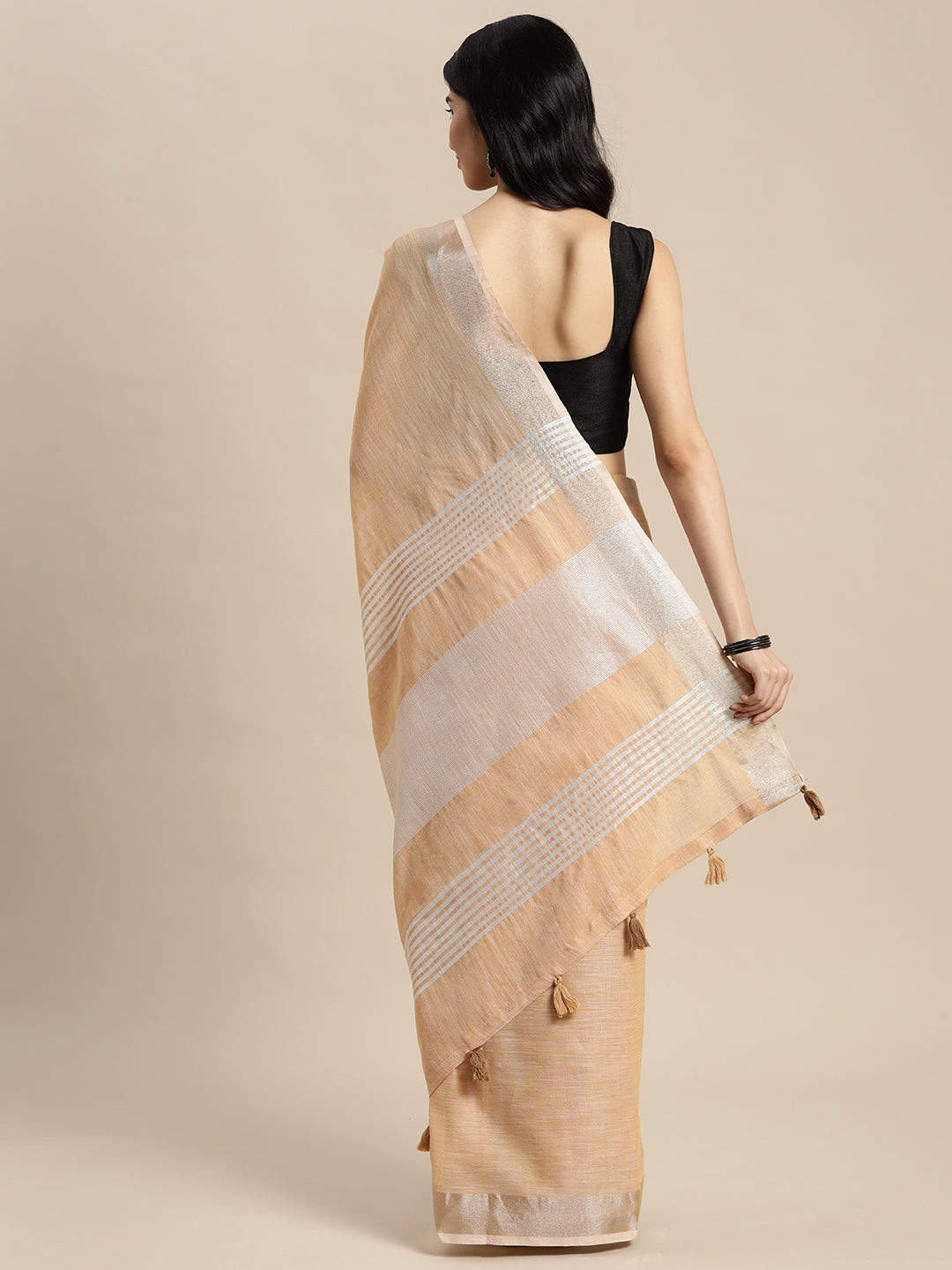 Shree Shyam Fashion Elegant Tan Woven Linen Saree with Contrast Zari Border & Tassels - Soft & Breathable Party Wear | Grocsy