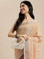 Shree Shyam Fashion Elegant Tan Woven Linen Saree with Contrast Zari Border & Tassels - Soft & Breathable Party Wear | Grocsy