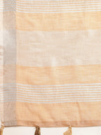 Shree Shyam Fashion Elegant Tan Woven Linen Saree with Contrast Zari Border & Tassels - Soft & Breathable Party Wear | Grocsy