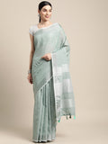Shree Shyam Fashion Elegant Sea Green Woven Linen Saree with Contrast Zari Border & Tassels - Soft & Breathable Party Wear | Grocsy