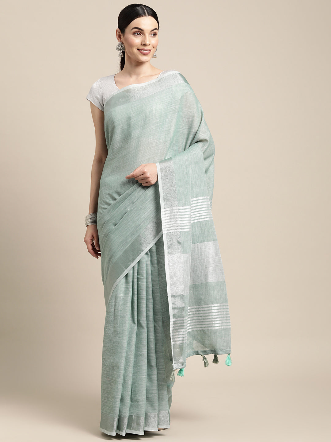 Shree Shyam Fashion Elegant Sea Green Woven Linen Saree with Contrast Zari Border & Tassels - Soft & Breathable Party Wear | Grocsy