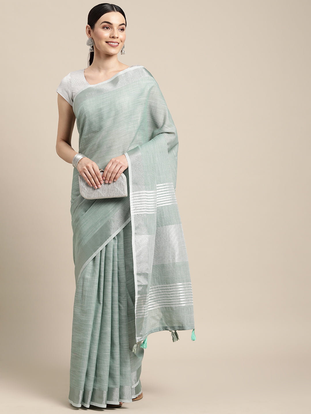Shree Shyam Fashion Elegant Sea Green Woven Linen Saree with Contrast Zari Border & Tassels - Soft & Breathable Party Wear | Grocsy