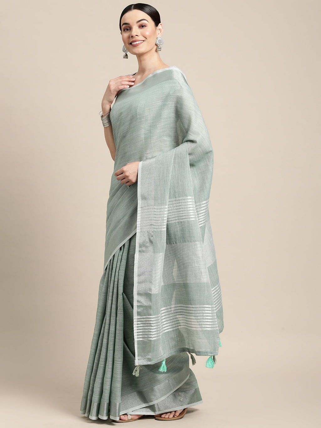 Shree Shyam Fashion Elegant Sea Green Woven Linen Saree with Contrast Zari Border & Tassels - Soft & Breathable Party Wear | Grocsy