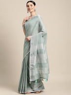 Shree Shyam Fashion Elegant Sea Green Woven Linen Saree with Contrast Zari Border & Tassels - Soft & Breathable Party Wear | Grocsy