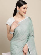 Shree Shyam Fashion Elegant Sea Green Woven Linen Saree with Contrast Zari Border & Tassels - Soft & Breathable Party Wear | Grocsy