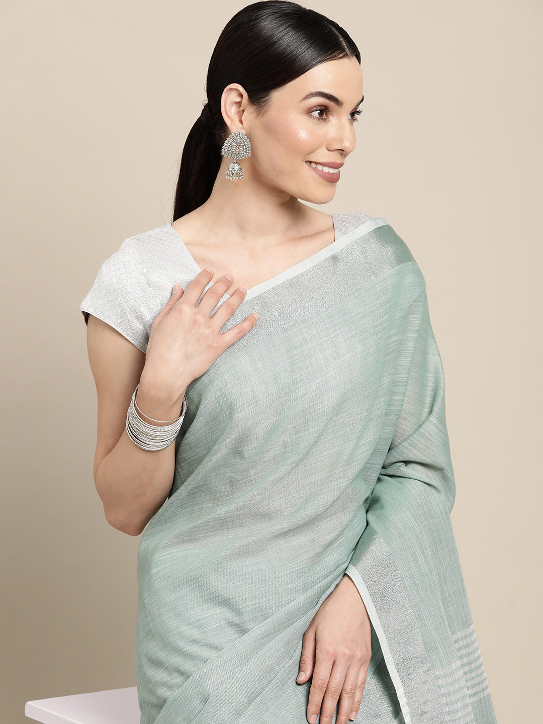 Shree Shyam Fashion Elegant Sea Green Woven Linen Saree with Contrast Zari Border & Tassels - Soft & Breathable Party Wear | Grocsy